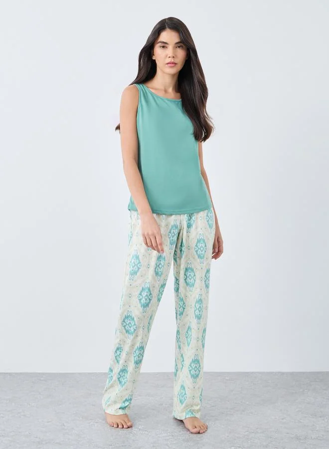 ستايلي Styli Patch Detail Tank and Damask Print Pyjama Set