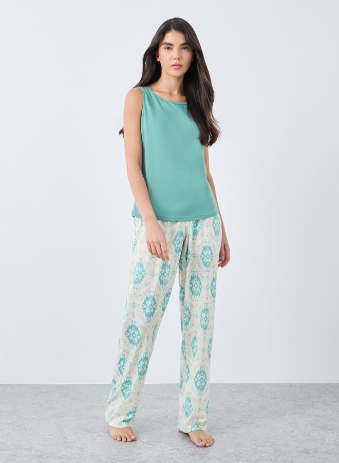 Styli Patch Detail Tank and Damask Print Pyjama Set - Image 2