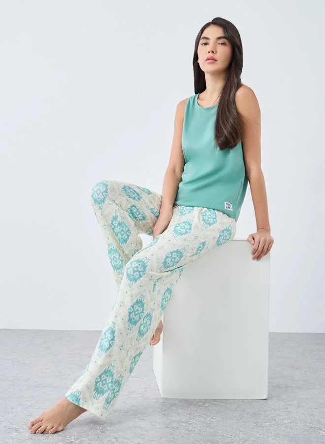 ستايلي Styli Patch Detail Tank and Damask Print Pyjama Set
