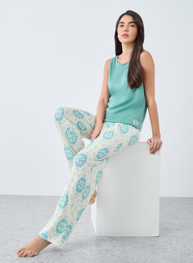 Styli Patch Detail Tank and Damask Print Pyjama Set - Image 1