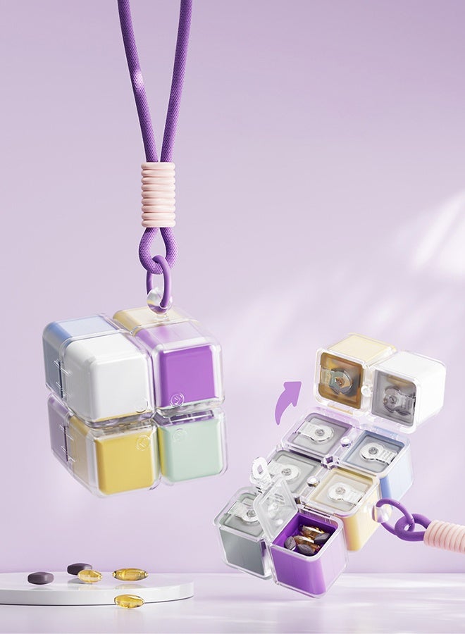 Magic Cube Pill Box, Portable Pill Case with Lanyard, 8-Compartment Pill Organizer for Vitamins, Pills, Fish Oil - Image 1