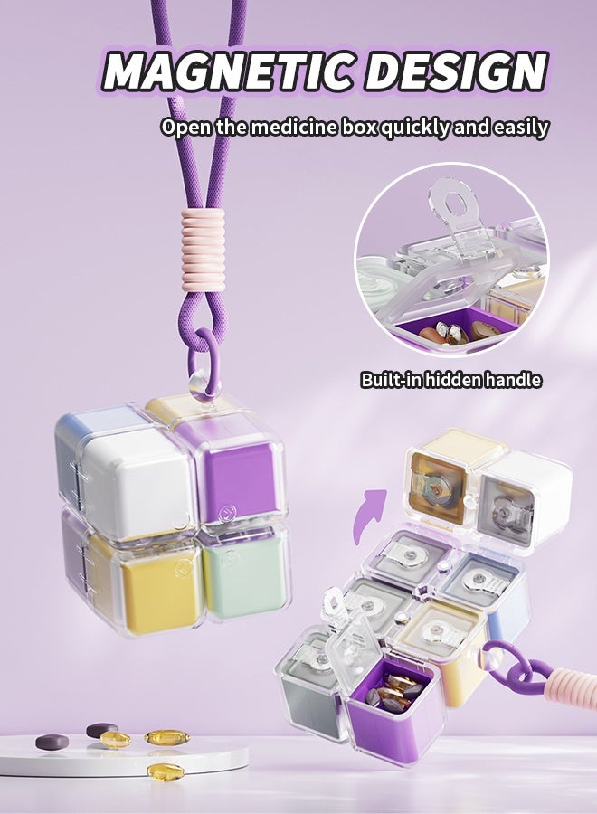 Magic Cube Pill Box, Portable Pill Case with Lanyard, 8-Compartment Pill Organizer for Vitamins, Pills, Fish Oil - Image 3