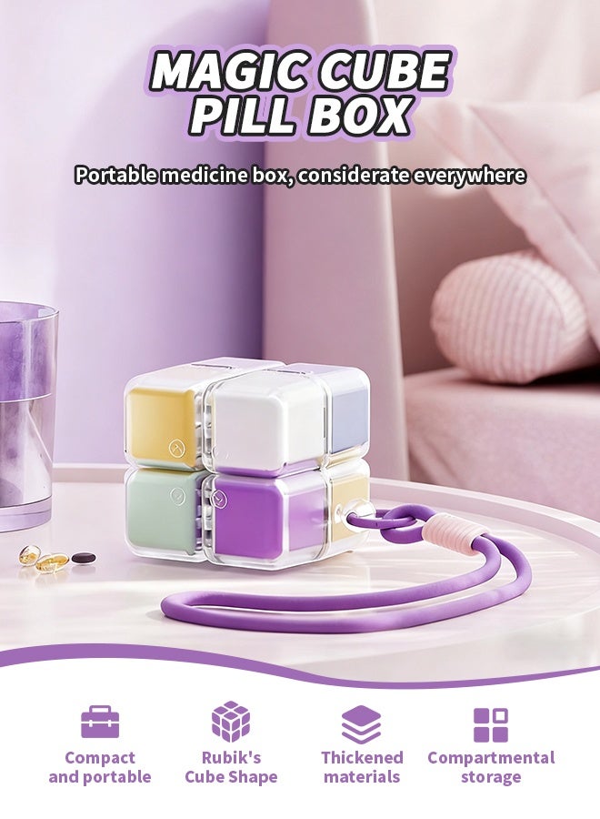 Magic Cube Pill Box, Portable Pill Case with Lanyard, 8-Compartment Pill Organizer for Vitamins, Pills, Fish Oil - Image 2