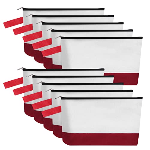 Sinzip 10 Pieces Cotton Canvas Makeup Bag with Bottom and Strap MultiPurpose Cosmetic Bag with Zipper Travel Toiletry Pouch Blank DIY Craft Bag WhiteRed M - Image 1