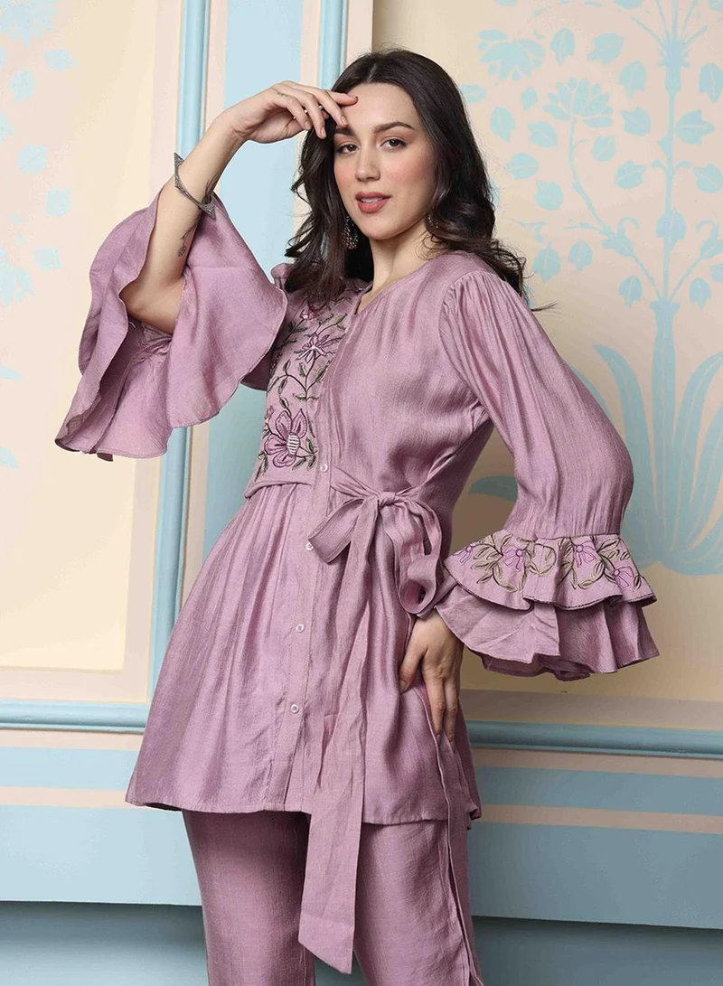 آي شين Women's Lavender Silk Blend Printed Tunic Full Length Palazzo Regular Fit Co-Ords