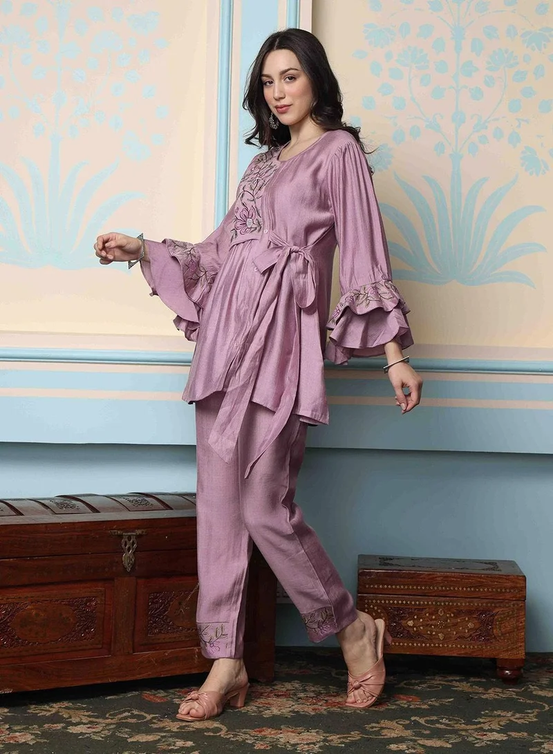 آي شين Women's Lavender Silk Blend Printed Tunic Full Length Palazzo Regular Fit Co-Ords