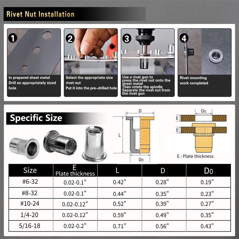 AskWay SAE Pressure Rivet Nut Tool Kit 530pcs, inch Rivet Nut Combination ï¼ˆ5/16-18ã€1/4-20ã€10-24ã€8-32ã€6-32ï¼‰,Suitable for Automotive, and Industrial Applications (SAE 530pcs Aluminum Rivet Nut) - Image 4