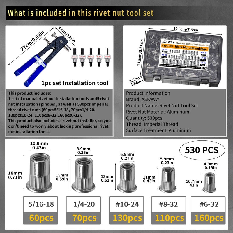 AskWay SAE Pressure Rivet Nut Tool Kit 530pcs, inch Rivet Nut Combination ï¼ˆ5/16-18ã€1/4-20ã€10-24ã€8-32ã€6-32ï¼‰,Suitable for Automotive, and Industrial Applications (SAE 530pcs Aluminum Rivet Nut) - Image 2