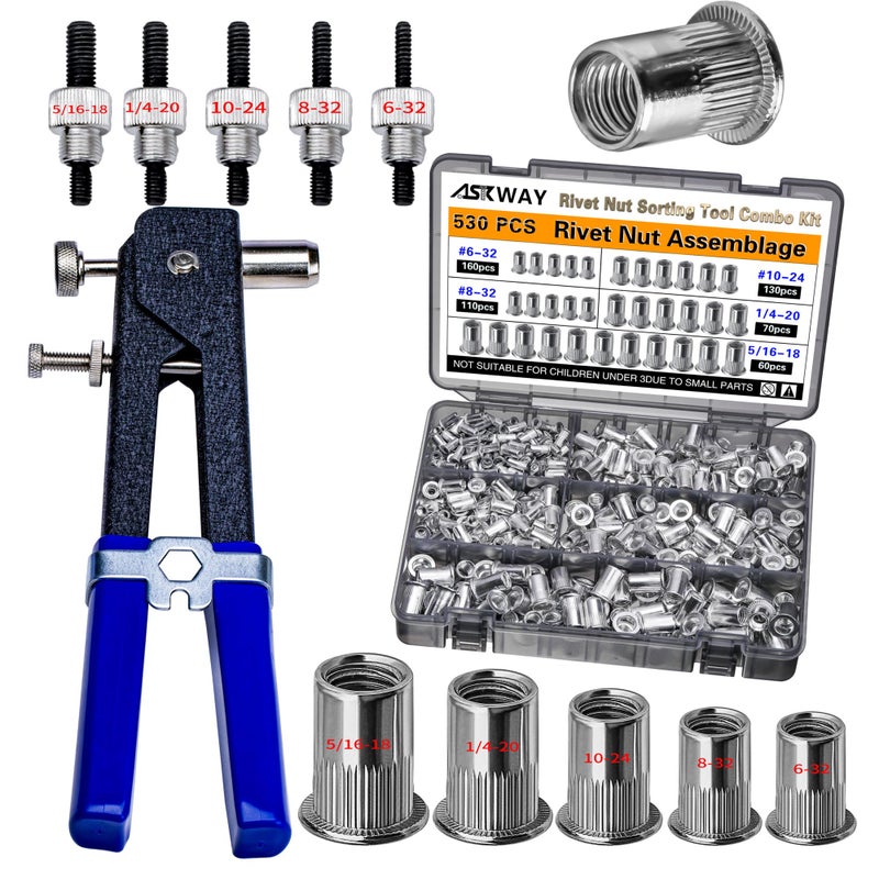AskWay SAE Pressure Rivet Nut Tool Kit 530pcs, inch Rivet Nut Combination ï¼ˆ5/16-18ã€1/4-20ã€10-24ã€8-32ã€6-32ï¼‰,Suitable for Automotive, and Industrial Applications (SAE 530pcs Aluminum Rivet Nut) - Image 1