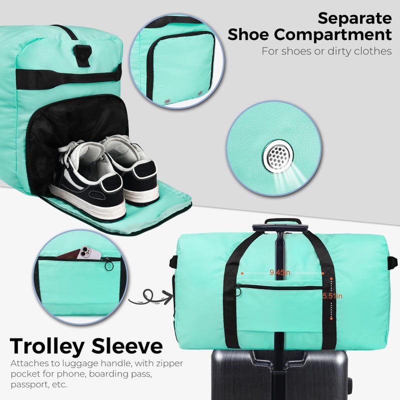 Fmeida 65L Duffle Bag with Shoes Compartment, Foldable Travel Duffel Bags for Men Women, Large Packable Travel Bag Water Repellent & Tear Resistant (Mint Green) - Image 5