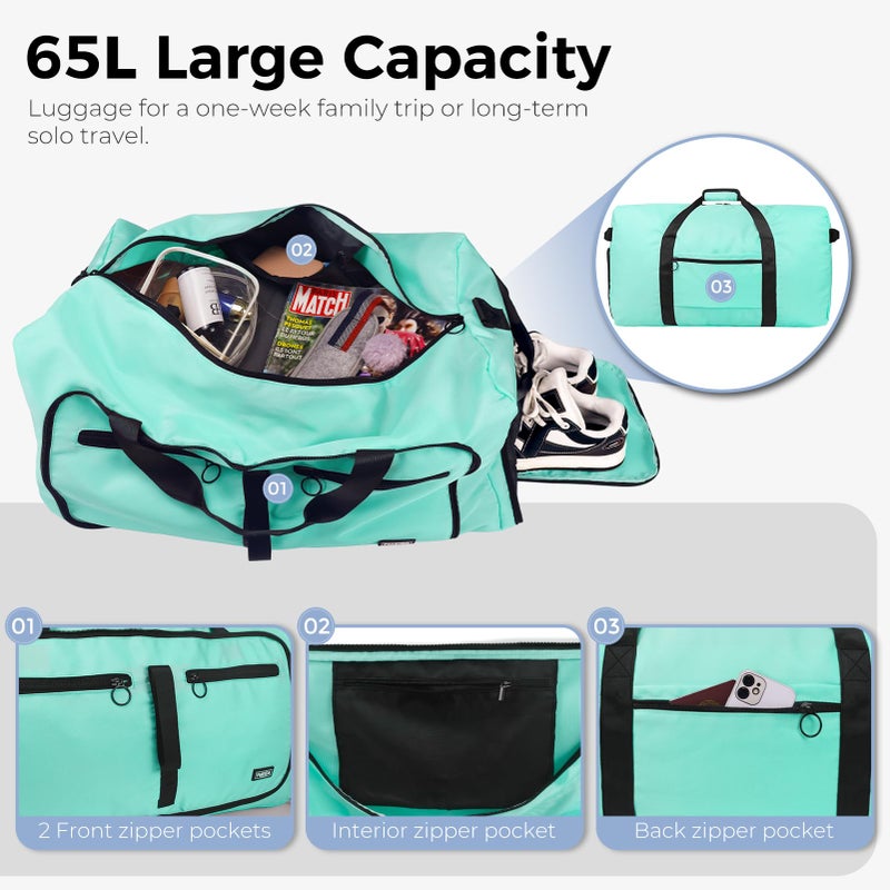 Fmeida 65L Duffle Bag with Shoes Compartment, Foldable Travel Duffel Bags for Men Women, Large Packable Travel Bag Water Repellent & Tear Resistant (Mint Green) - Image 4