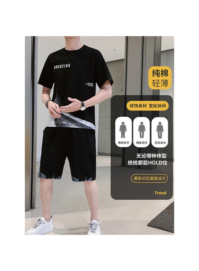 Dingfengbaoluo Men's Summer Set Short Sleeve T-shirt Shorts Pure Cotton Thin Casual Sports Men's Clothing Kpr02 White 3XL - Image 1
