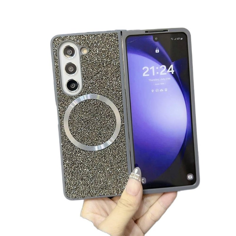 غطاء MagSafe بPC لـ Samsung Galaxy Z Flip 6 مع بريق الماس ومغناطيس قوي مع مقاوم للصدمات مع حماية من السقوط باللون رمادي مغناطيسي خفيف الحمل للاستخدام الداخلي للعائلة - Image 1