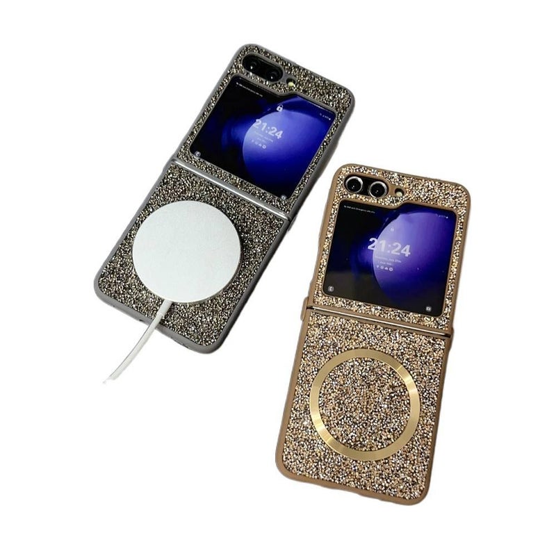 غطاء MagSafe بPC لـ Samsung Galaxy Z Flip 6 مع بريق الماس ومغناطيس قوي مع مقاوم للصدمات مع حماية من السقوط باللون رمادي مغناطيسي خفيف الحمل للاستخدام الداخلي للعائلة - Image 4