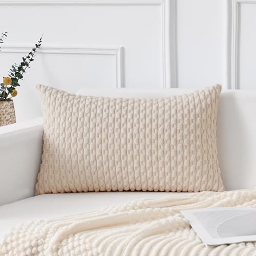 K KEVIN TEXTILE Kevin Textile 14x24 Inch Pillow Cover 1 Pack Boho Decorative Soft Striped Corduroy Lumbar Farmhouse Solid Color Accent Rectangle Cushion Case for Living Room Couch Sofa Bed Cream White - Image 1