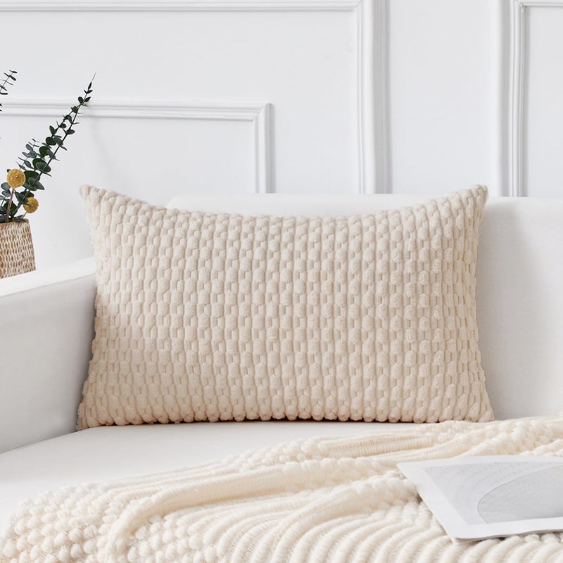 K KEVIN TEXTILE Kevin Textile 14x24 Inch Pillow Cover 1 Pack Boho Decorative Soft Striped Corduroy Lumbar Farmhouse Solid Color Accent Rectangle Cushion Case for Living Room Couch Sofa Bed Cream White - Image 2