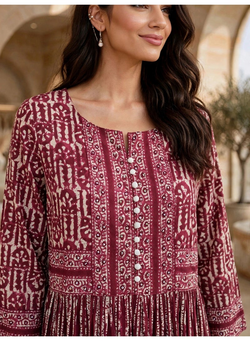 IKKXA Vintage Geometric Pattern Tiered Jalabiya IKTT38Maroon - Image 2