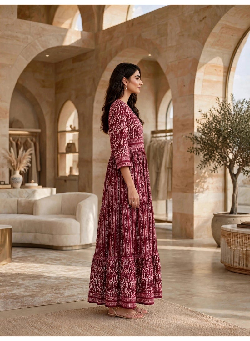 IKKXA Vintage Geometric Pattern Tiered Jalabiya IKTT38Maroon - Image 3