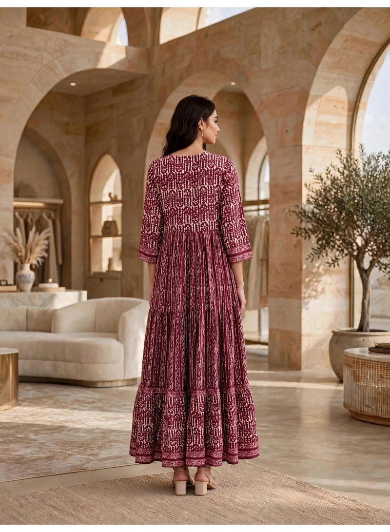 IKKXA Vintage Geometric Pattern Tiered Jalabiya IKTT38Maroon - Image 5