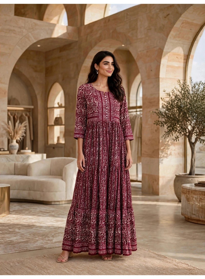 IKKXA Vintage Geometric Pattern Tiered Jalabiya IKTT38Maroon - Image 1