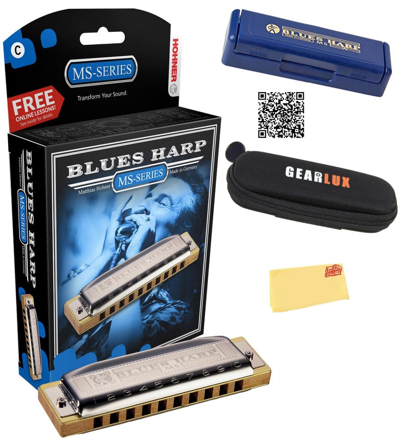 Hohner 532 Blues Harp MS Harmonica - Key of C Bundle with Case, Pouch, Austin Bazaar Online Manual, and Polishing Cloth - Image 1