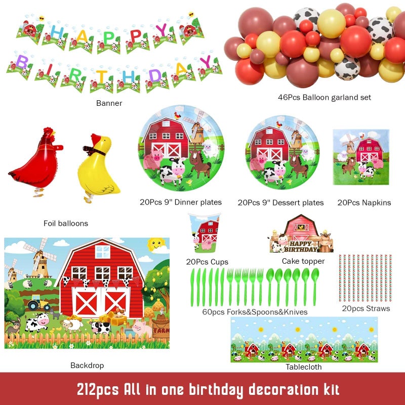Fiesec Farm Birthday Decorations 212 PCs  Farm Animal Birthday Party Supplies with Red Barn Backdrop Balloon Garland Tableware Set Plates Napkins Cups Cutlery Serves 20 Guests - Image 3