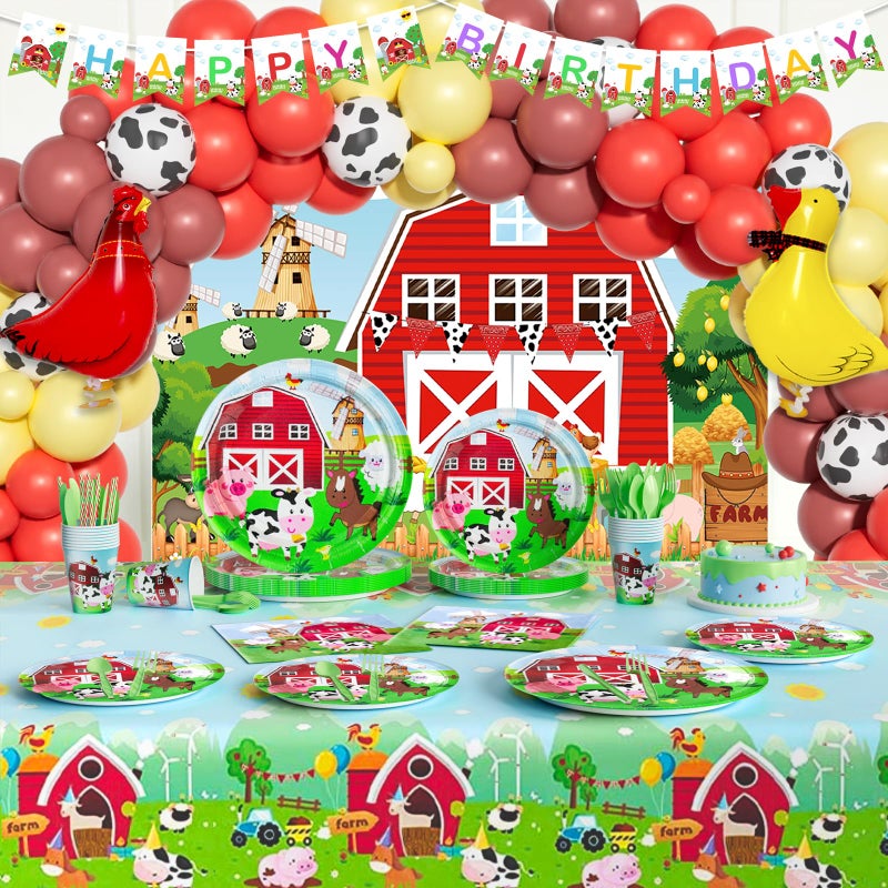 Fiesec Farm Birthday Decorations 212 PCs  Farm Animal Birthday Party Supplies with Red Barn Backdrop Balloon Garland Tableware Set Plates Napkins Cups Cutlery Serves 20 Guests - Image 2