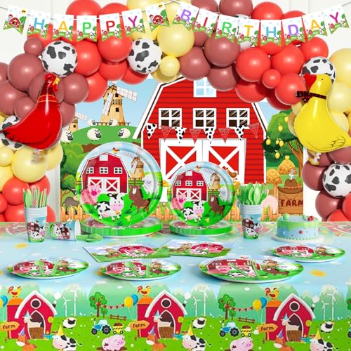 Fiesec Farm Birthday Decorations 212 PCs  Farm Animal Birthday Party Supplies with Red Barn Backdrop Balloon Garland Tableware Set Plates Napkins Cups Cutlery Serves 20 Guests - Image 1