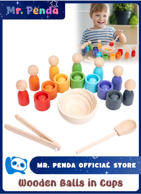 Montessori Wooden Balls in Cups, Toddler Color Sorting Toys and Matching Game, Preschool Learning Activities Educational Fine Motor Skill Toy for Kids