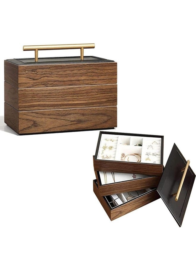 ROMILAS Wooden Stackable Jewelry Storage Box – Three-Layer Jewelry Display Organizer with PU Leather Lid for Earrings, Necklaces, Rings, and Bracelets | Stylish Travel Case & Gift for Women (Wood) - Image 1