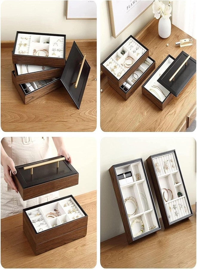 ROMILAS Wooden Stackable Jewelry Storage Box – Three-Layer Jewelry Display Organizer with PU Leather Lid for Earrings, Necklaces, Rings, and Bracelets | Stylish Travel Case & Gift for Women (Wood) - Image 3