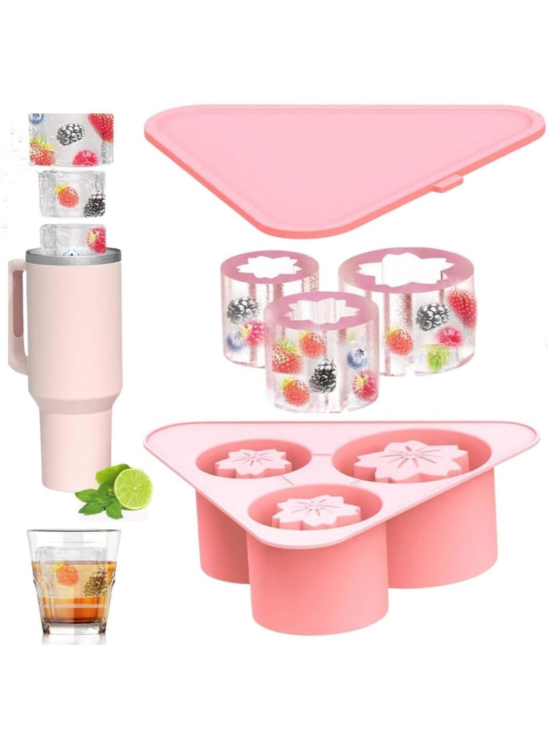 SOLARAE صينية مكعبات الثلج لأكواب ستانلي، عبوة 3 قطع من قالب الثلج السيليكوني على شكل زهرة مع غطاء لأكواب ستانلي سعة 20 أونصة و30 أونصة و40 أونصة، سهل الإخراج، خالي من BPA، قالب ثلج يذوب ببطء للوي whiskey، الكوكتيل، القهوة، المشروبات، وردي - Image 1