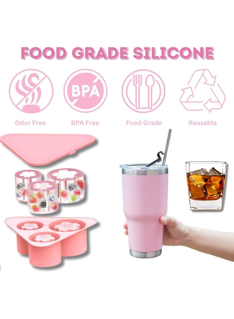 SOLARAE صينية مكعبات الثلج لأكواب ستانلي، عبوة 3 قطع من قالب الثلج السيليكوني على شكل زهرة مع غطاء لأكواب ستانلي سعة 20 أونصة و30 أونصة و40 أونصة، سهل الإخراج، خالي من BPA، قالب ثلج يذوب ببطء للوي whiskey، الكوكتيل، القهوة، المشروبات، وردي - Image 4