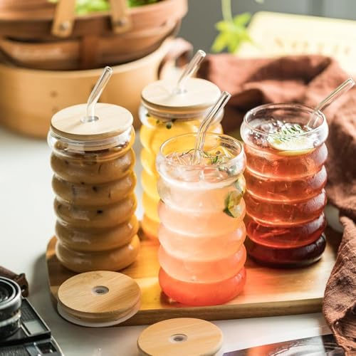 SYANKA Premium Bubble Glass Sipper Can Set of 4, 510 ML, Transparent, Mason Jar Cup with Lid and Straw, Drinking Glasses for Smoothies, Iced Coffee, Boba Tea, Cocktails, Beer, Juice & Milkshakes - Image 1