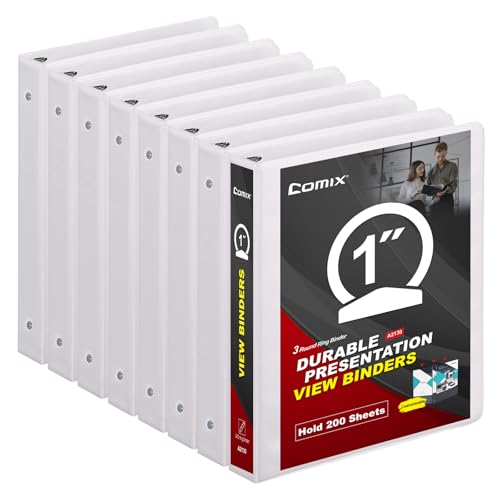 COMIX Sturdy 3 Ring Binder 1 inch with Clear View Cover, 1" Round Ring View Binder, PVC-Free, 200 Sheets Capacity of US Letter Size Paper, Office ＆ School Supplies, 8 Pack (White) - Image 1