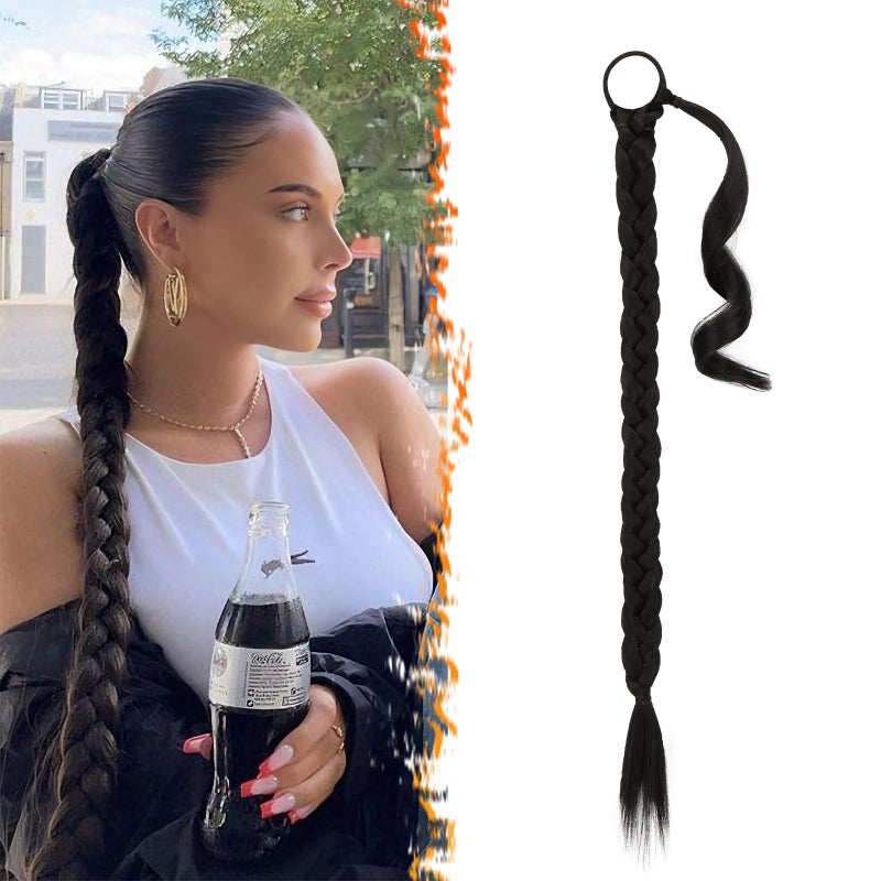 BARSDAR 26 Inch Long Braided Ponytail Extension with Hair Tie - Straight Sleek Wrap Around Black Braid Ponytail Hair Extensions - Synthetic Braid Pony Tails Hairpieces for Women - Natural Black - Image 1