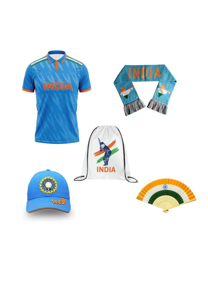 PRINTSHOP4ME - India Cricket Combo–T-Shirt,Cap,Scarf,Drawstring Bag&Hand Fan For Celebrations Match Days&Events - Image 1