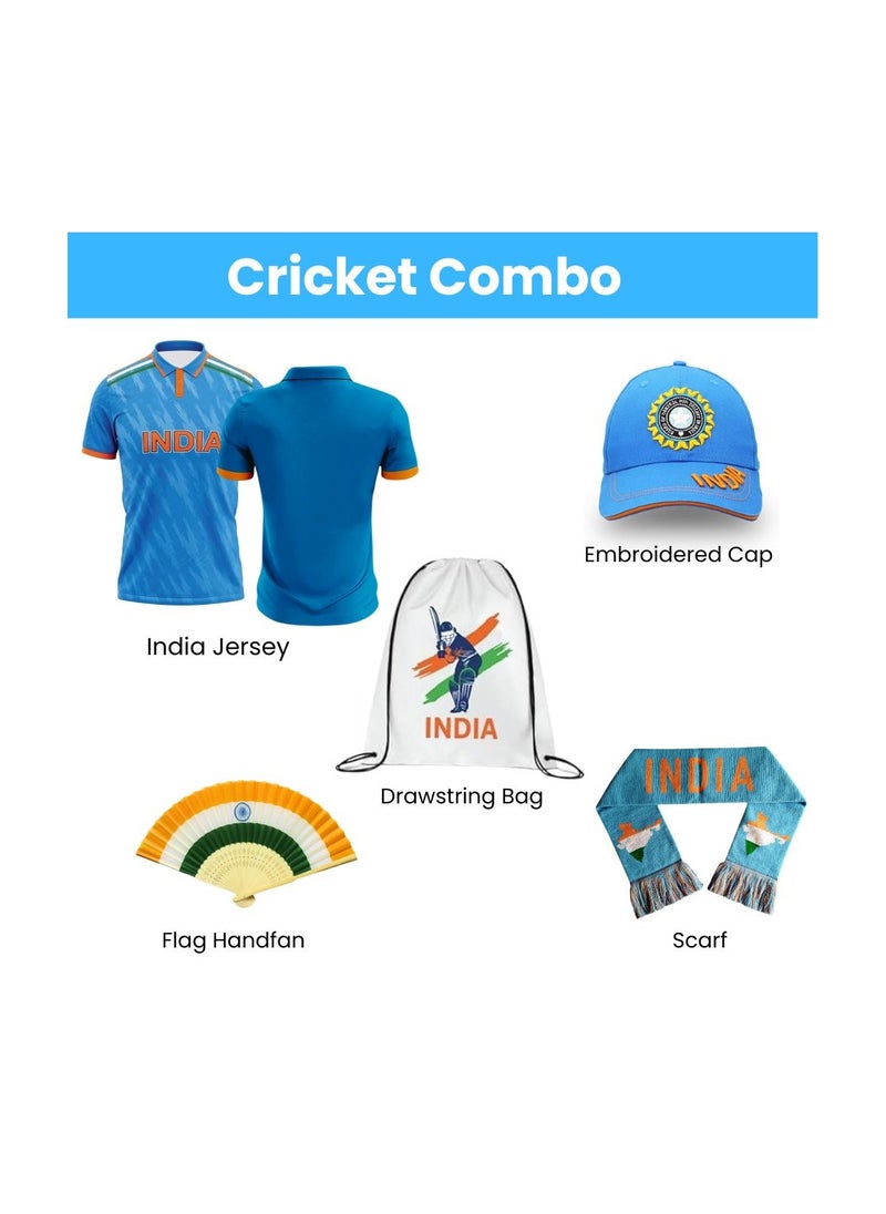 PRINTSHOP4ME - India Cricket Combo–T-Shirt,Cap,Scarf,Drawstring Bag&Hand Fan For Celebrations Match Days&Events - Image 1