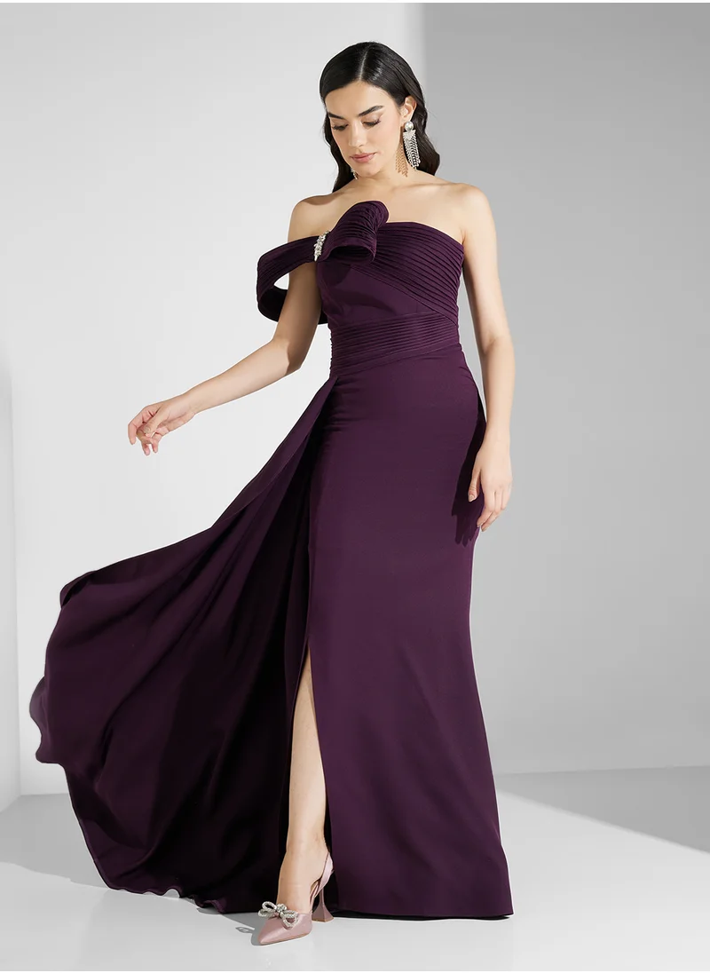 Namshi x Structured Crystal Bow Detail Draped  A Line Dress