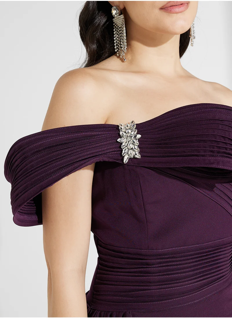 Namshi x Structured Crystal Bow Detail Draped  A Line Dress