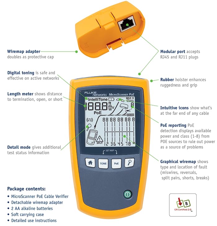 Fluke Networks - 5018508 MS-POE MicroScanner للتحقق من كابلات النحاس واختبار PoE لكابلات Ethernet RJ-45 الفئة 5-6A، يحدد فئة الطاقة 0-8 المزودة من أجهزة PSE الخاصة بـ Ethernet - Image 2