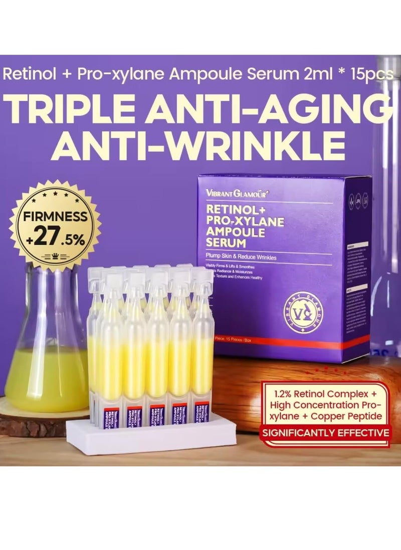 Vibrant Glamour - 15Pcs Retinol + Pro-Xylane Ampoule Serum Anti aging Anti Wrinkle Firming Hydrating Moisturizing Soothing Repairing Fade Fine Lines Dark Spots Deep Care Retinol Essence - Image 1