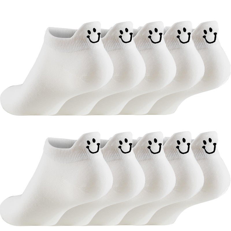 IBEILLI Women Cute Socks 10 Pairs Cotton Kawaii Embroidered Funny Low Cut Ankle Socks for Women Girls with Gift Box (10 White Smile Face) - Image 1