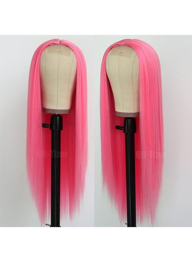 QD-Tizer Pink Synthetic Hair Wigs Natural Red Pink Mixed Long Straight Hair Heat Resistant Synthetic Wigs for Fashion Women - Image 2
