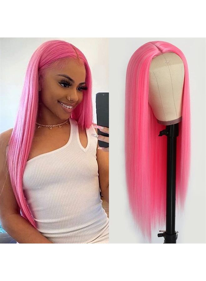QD-Tizer Pink Synthetic Hair Wigs Natural Red Pink Mixed Long Straight Hair Heat Resistant Synthetic Wigs for Fashion Women - Image 3