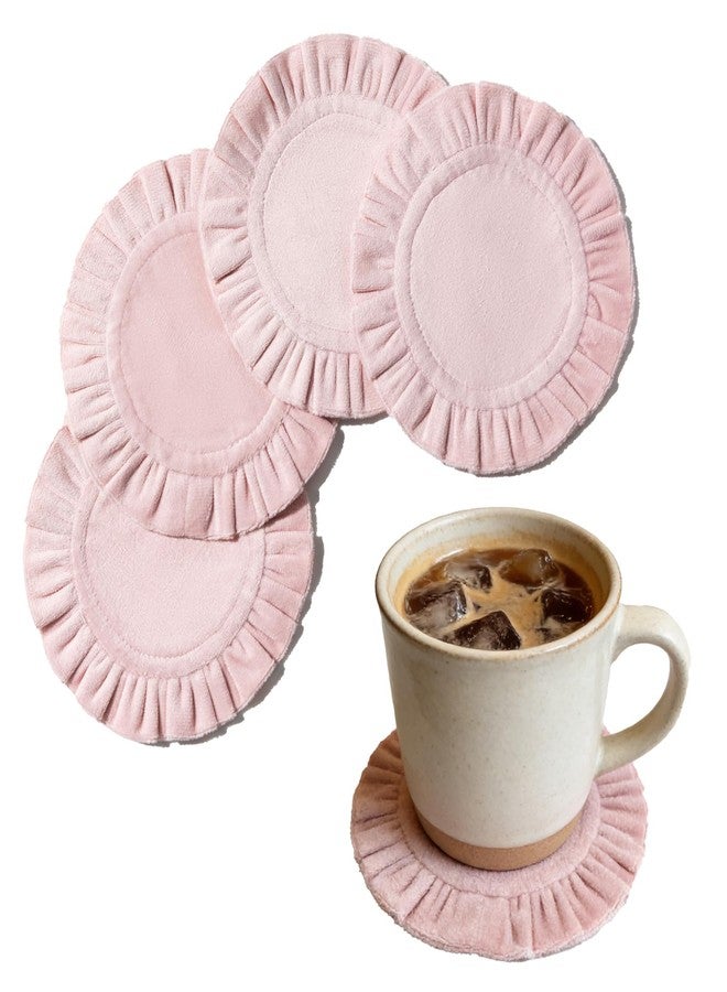 Opexscal 5 Inch Round Ruffle Velvet Coaster, Tabletop Protection, Coffee Table & Bar Decoration, Drink Coasters Suitable for Home Dining Tables & Kitchen Accessories Set of 4, Pink - Image 1