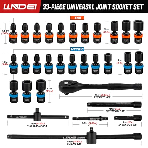 LLNDEI 1/4-Inch Drive Swivel Socket Set, 32 Pieces Standard SAE(5/32 to 9/16") Metric Size(4-15mm) CR-MO Wobble Sockets, 6 Point with Ratchet Wrench Handle, Extension Bars and Adapter - Image 2