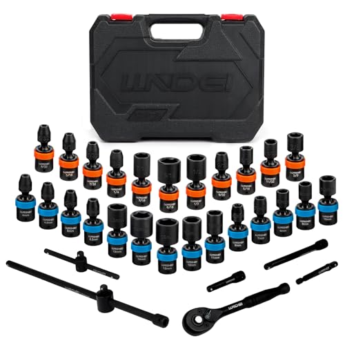 LLNDEI 1/4-Inch Drive Swivel Socket Set, 32 Pieces Standard SAE(5/32 to 9/16") Metric Size(4-15mm) CR-MO Wobble Sockets, 6 Point with Ratchet Wrench Handle, Extension Bars and Adapter - Image 1