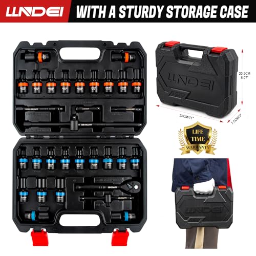 LLNDEI 1/4-Inch Drive Swivel Socket Set, 32 Pieces Standard SAE(5/32 to 9/16") Metric Size(4-15mm) CR-MO Wobble Sockets, 6 Point with Ratchet Wrench Handle, Extension Bars and Adapter - Image 3