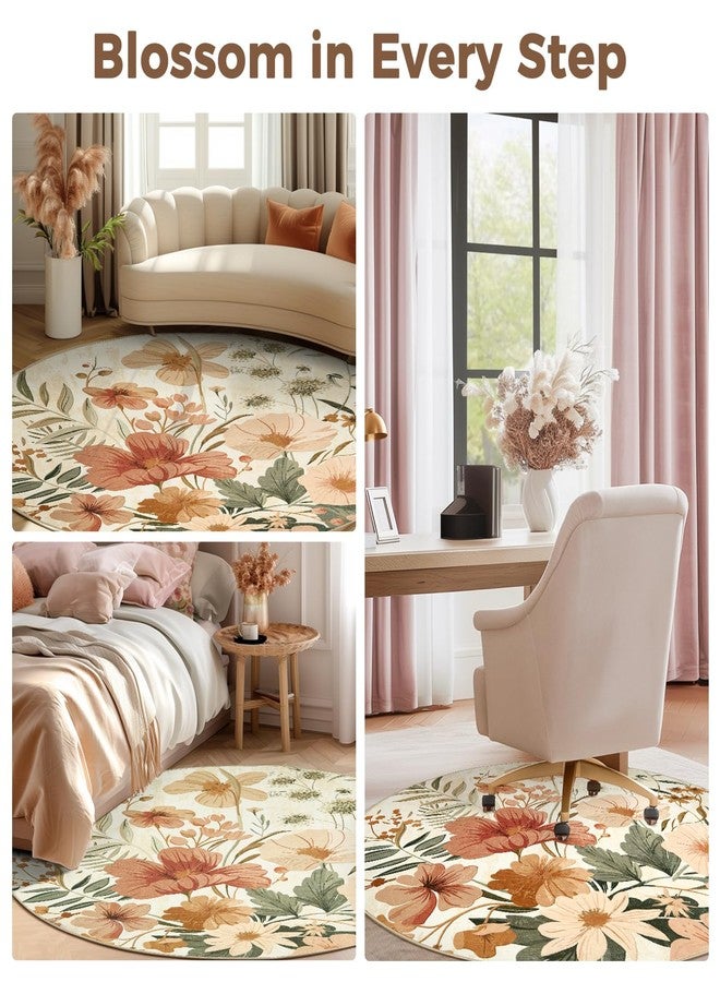 jinchan Spring Summer Floral Round Rug 4ft Area Rug Indoor Circle 4' Round Washable Modern Oriental Flower Print Non Slip Carpet for Living Room Dining Room Bedroom Entryway Office Decor Pink/Grey - Image 2